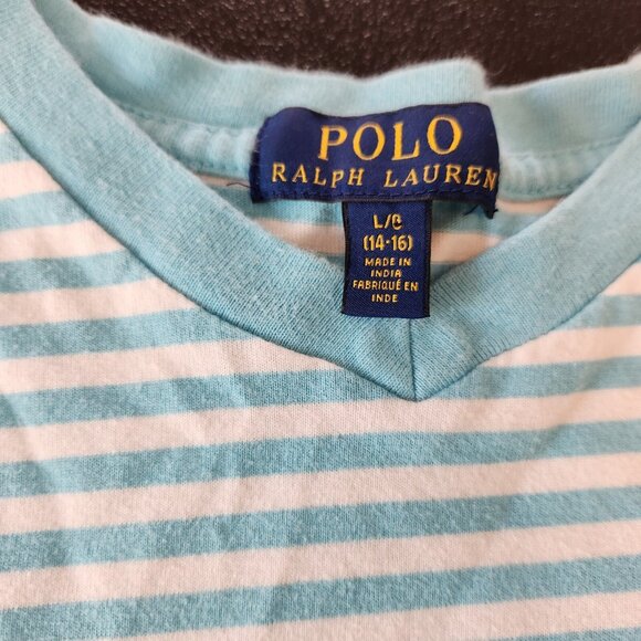 Polo Ralph Lauren‎ V-Neck T-Shirt Girls Large Striped Turquoise White Stripe EUC - Picture 5 of 9